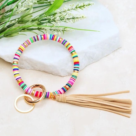 Polymer Clay Beaded Tassel Boho Keychain Bracelet - Picture 2 of 10